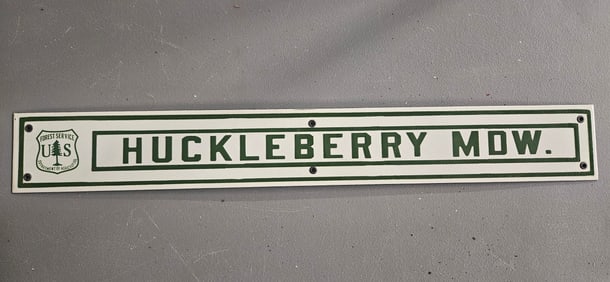Vintage US Forest Service Porcelain Sign - Huckleberry Mow - Collectible Memorabilia