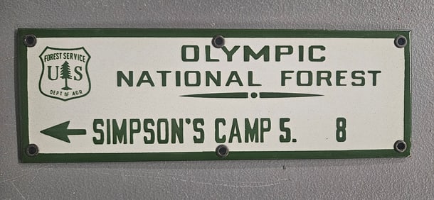 Vintage US Forest Service Porcelain Sign - Olympic National Forest, Simpson's Camp 5