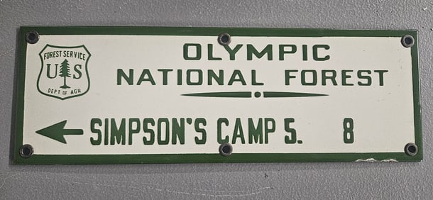 Vintage Olympic National Forest Porcelain Sign - Simpson's Camp Directional Marker