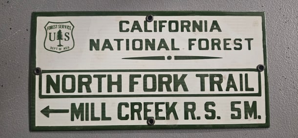 Vintage US Forest Service Porcelain Sign for North Fork Trail in California