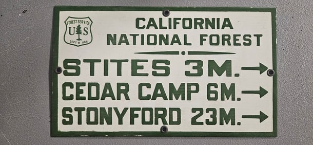 Rare Vintage US Forest Service Porcelain Sign: California National Forest Directions