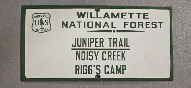 Vintage US Forest Service Porcelain Sign - Willamette National Forest, Juniper Trail