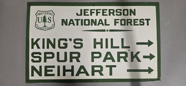 Vintage Jefferson National Forest Porcelain Sign - Route to King's Hill, Spur Park, Neihart