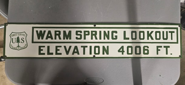 Vintage US Forest Service Porcelain Sign - Warm Spring Lookout Elevation 4006 FT