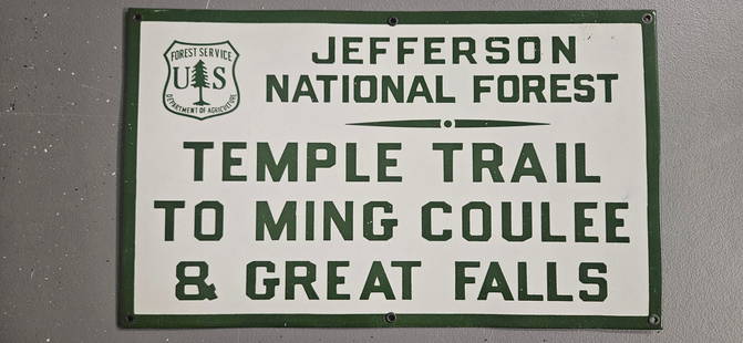 Vintage US Forest Service Porcelain Sign: Jefferson National Forest Temple Trail: Discover the charm and nostalgia of vintage United States Forest Service porcelain signs with this unique piece featuring the Jefferson National Forest and directions to the Temple Trail, Ming Coulee,