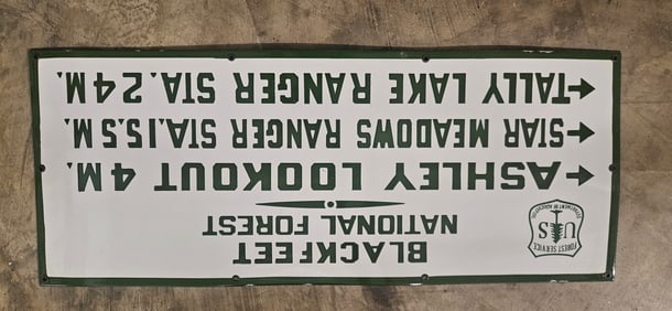 Vintage US Forest Porcelain Sign - Blackfeet National Forest Directional Signage