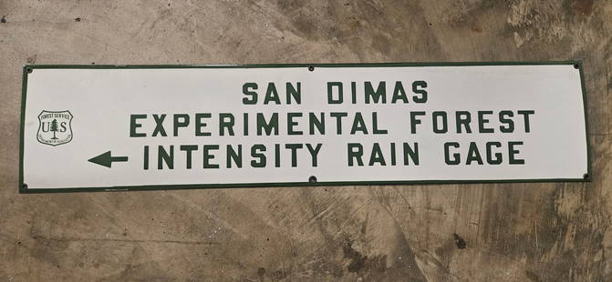 Vintage US Forest Service Porcelain Sign: San Dimas Experimental Forest Rain Gage: Discover a piece of history with this exceptional vintage porcelain sign from the US Forest Service, specifically designed for the San Dimas Experimental Forest. This unique sign not only serves as an