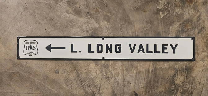 Vintage US Forest Service Porcelain Sign - L. Long Valley Directional Indicator: Discover a remarkable piece of American history with this vintage US Forest Service porcelain sign, directing traffic towards the L. Long Valley. Collectors and enthusiasts alike will appreciate the u