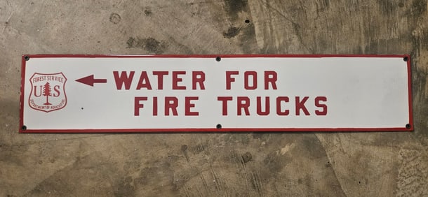 Vintage US Forest Service Porcelain Sign: Water for Fire Trucks - Collectible Piece