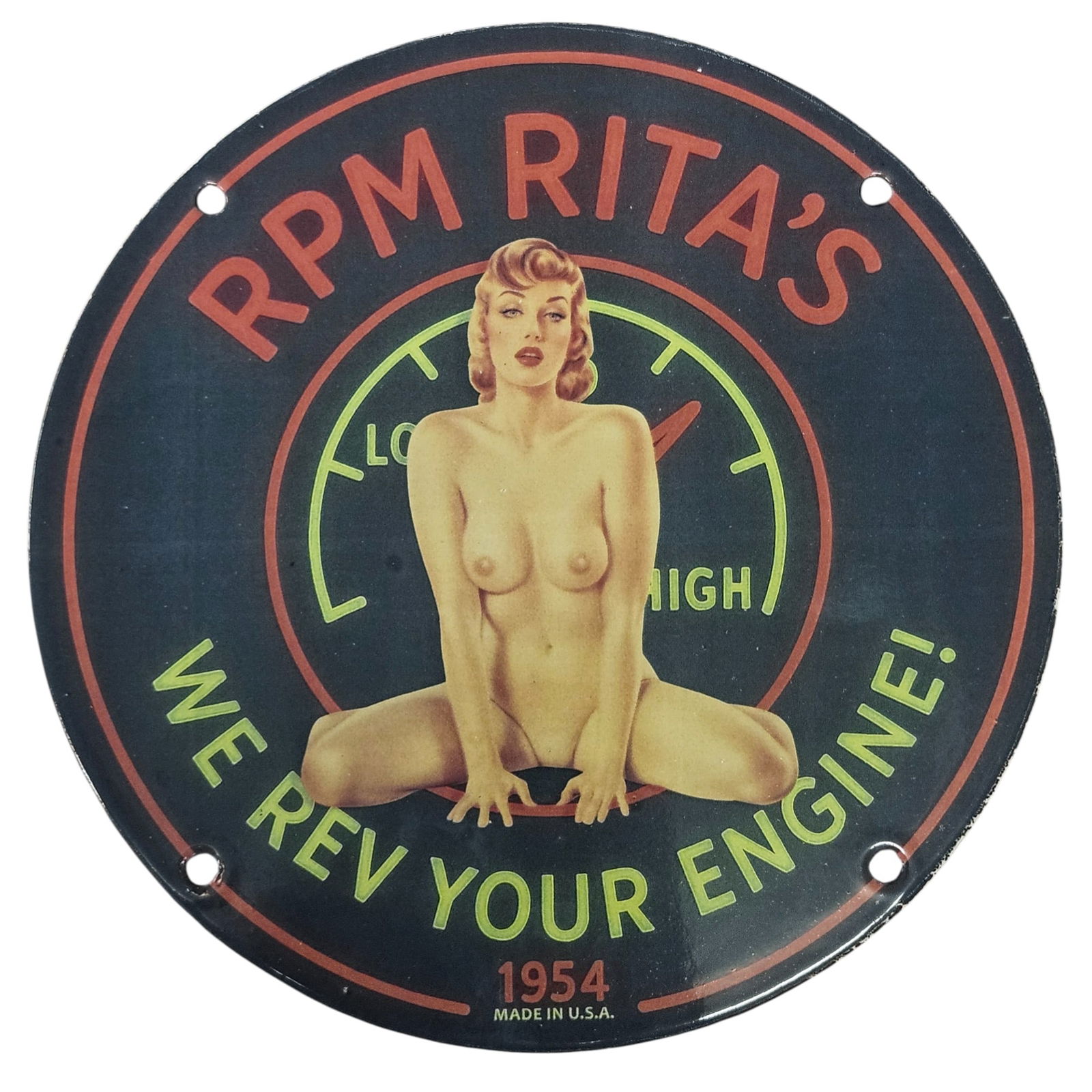 Unique 8-Inch Porcelain Sign - Rev Your Engine with RPM Rita's Distinct Design