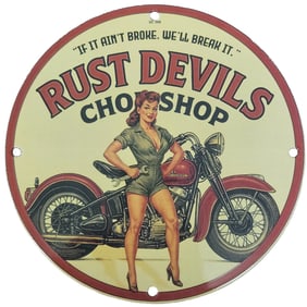 Original 8-Inch Porcelain Sign - Rust Devils Chop Shop ? Custom Motorcycle Decor