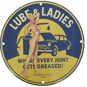 Custom 8-Inch Original Porcelain Sign: Lube & Ladies Art Deco Design