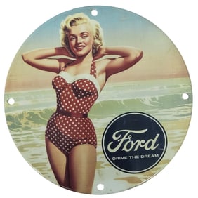 Beach Pin-Up Marilyn Monroe Ford Porcelain Sign – Polka Dot Swimsuit Scene