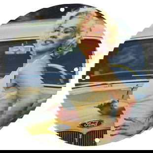 Classic Car Ad Marilyn Monroe Porcelain Sign – Leaning on Ford Car  Hood: Elevate your space with this uniquely designed 8-inch porcelain sign, perfect for adding a touch of character and charm to any setting. This one-of-a-kind piece captures a moment of timeless elegance,