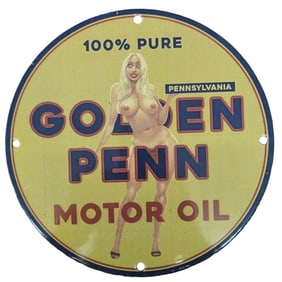 Unique 8-Inch Original Porcelain Sign: Golden Penn Motor Oil - Bold & Eye-Catching Design