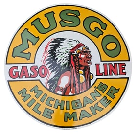 Rare Vintage Musgo Gasoline Porcelain Sign - A Unique Collectible Michigan's Mile Maker 48"