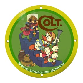Colorful Colt Porcelain Sign Featuring Disney's Donald Duck and Beagle Boys (1948)