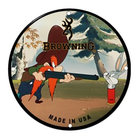 Browning Porcelain Sign Featuring Bugs Bunny and Elmer Fudd in Vibrant Outdoor Scene
