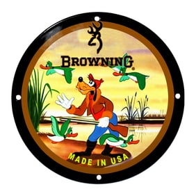 Browning Porcelain Sign Featuring Goofy in Vibrant Hunting Scene - Made in USA