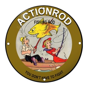 Vibrant Actionrod Fishing Sign with Playful Angling Scene and Catchy Slogan