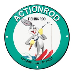 Vintage Action Rod Fishing Sign Featuring Bugs Bunny | Catch with Ease!