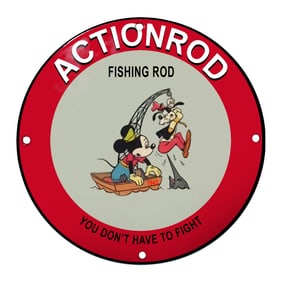 Mickey Mouse Action Rod Fishing Sign - Whimsical 1943 Artwork Capture