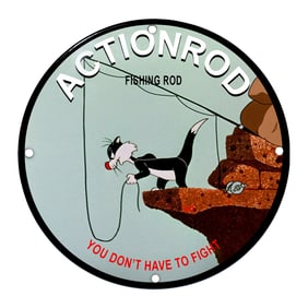 Playful Actionrod Fishing Sign Featuring Animated Cat and Catchphrase