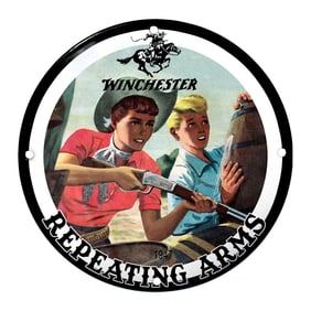 Vintage Winchester Repeating Arms Porcelain Sign Featuring Dynamic Cowboy Imagery