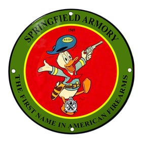 Springfield Armory Porcelain Sign Featuring Playful Duck Character - 1949 Design