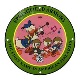 Vintage Springfield Armory Porcelain Sign Featuring Animated Duck Characters (1959)
