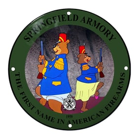 Charming Springfield Armory Porcelain Sign Featuring Playful Bear Characters