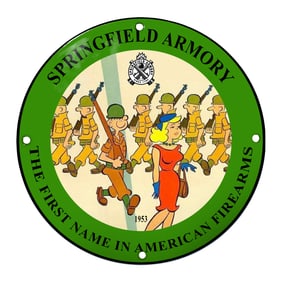Vivid Springfield Armory Porcelain Sign with Classic Pin-Up and Soldiers, 1953 Design
