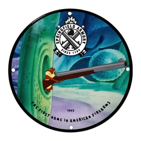 Dynamic Springfield Armory Porcelain Sign Featuring Cartoon Character and Firearms Heritage