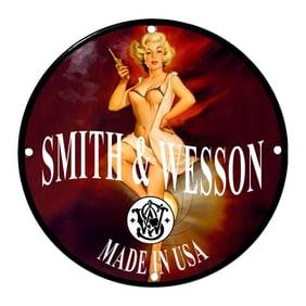 Classic Smith & Wesson Porcelain Sign Featuring Pin-Up Artistry