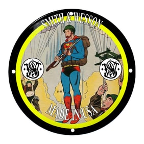 Rare Smith & Wesson Porcelain Sign Featuring Iconic Superhero Imagery