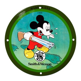 Whimsical Smith & Wesson Porcelain Sign Featuring Cartoon Mickey Mouse with Shotgun