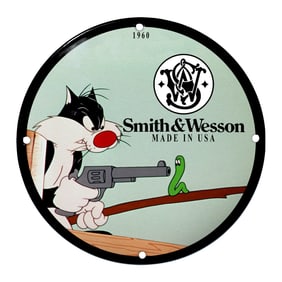 Vivid Porcelain Sign Featuring Sylvester the Cat and Smith & Wesson Branding