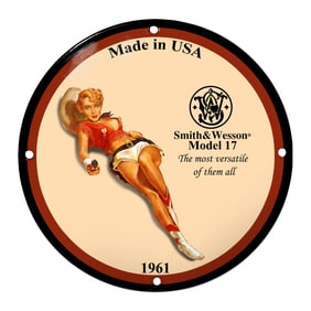 Colorful Porcelain Sign Featuring Smith & Wesson Model 17 and Iconic Pin-Up Art from 1961