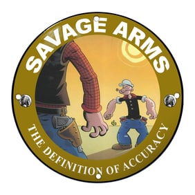 Savage Arms Porcelain Sign Featuring Popeye and Cowboy Imagery