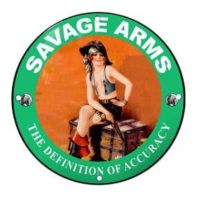 Vintage Savage Arms Porcelain Sign Featuring a Captivating Pin-Up Pirate