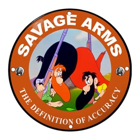 Savage Arms Porcelain Sign Featuring Classic Cartoon Characters - The Definition of Accuracy