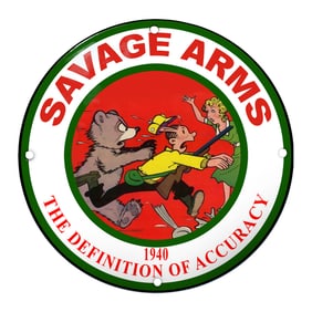 Colorful Savage Arms Porcelain Sign Featuring Cartoon Characters - 1940