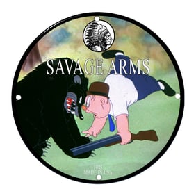 Savage Arms Porcelain Sign Featuring Cartoon Bear and Hunter - 1945