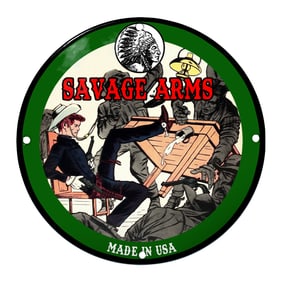 Dynamic Porcelain Sign Featuring Savage Arms and Dramatic Western Imagery