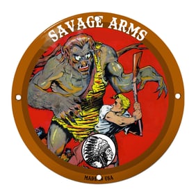 Dramatic Savage Arms Porcelain Sign Featuring Heroic Adventure Scene