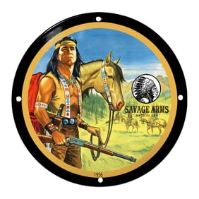 Vibrant Porcelain Sign Featuring Indigenous Leader with Horse and Rifle - Savage Arms