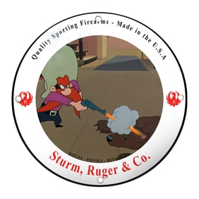 Sturm, Ruger & Co. Porcelain Sign Featuring Animated Hunter and Bear Scene