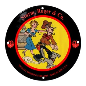 Sturm, Ruger & Co. Vibrant Porcelain Sign: A Classic Western Tale from 1941