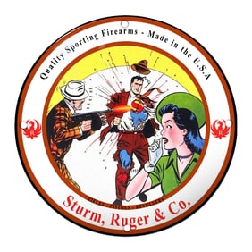 Vibrant Porcelain Sign Showcasing Sturm, Ruger & Co. Firearms Artistry