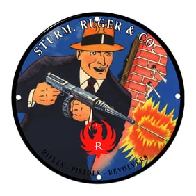 Dynamic Porcelain Sign Featuring Sturm, Ruger & Co. with Vintage Cartoon Gunman